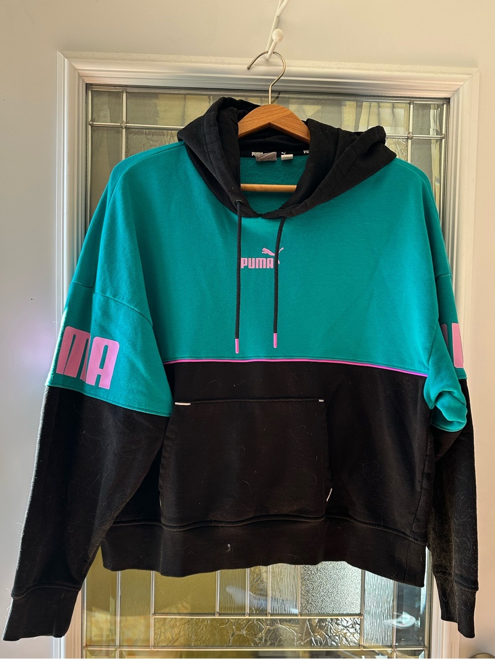Puma Teal, Black & Pink Colorblock pullover cropped Hoodie